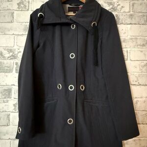 Simon Chang Black Hooded Pea Coat with Grommet Accents